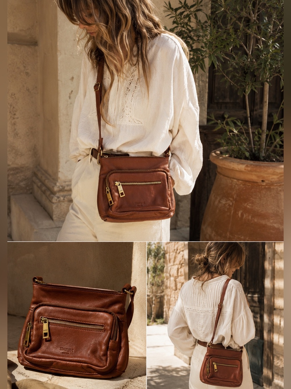 Margot New York Cognac Brown Leather Crossbody Bag Boho Slouchy Utility